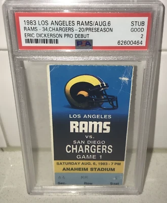 1983 Rams Chargers Preseason HOF Eric Dickerson Pro NFL Debut Ticket Stub PSA - Image 1 of 2