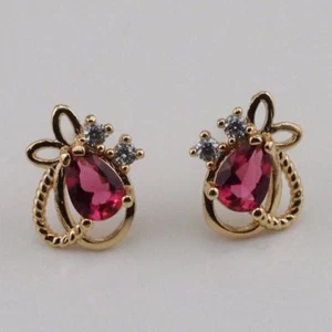 Pretty New Yellow Gold Filled Pear Shape Ruby Red & Accents CZ Stud Earrings - Picture 1 of 4
