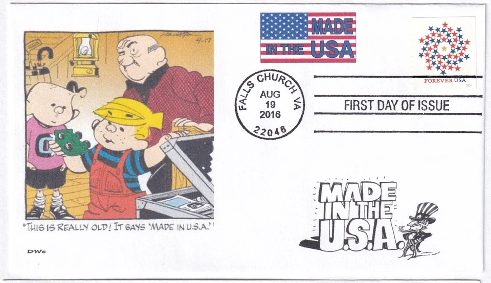 DENNIS THE MENACE  MADE IN U.S.A.    PATRIOTIC SPIRAL FDC- DWc CACHET - Image 1 of 1