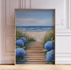 Blue Hydrangea Flowers on Coastal Beach Wall Art Print - Picture 1 of 6