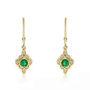 14K Yellow Gold Round Emerald and Diamond Leverback Earrings - Picture 1 of 1