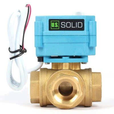 U.S. SOLID U. S. Solid 3 Way T Type Motorized Ball Valve 3/4in Brass 9-24V Manual Function