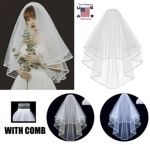 Wedding Bridal Veil Satin Edge w/ Comb White Ivory Elbow Elegant Cathedral USA - Picture 1 of 14