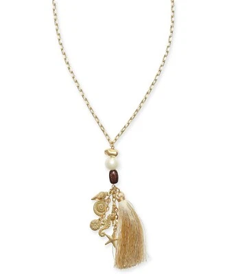 INC International Concept NEW SEA Creature Coastal Tassel Necklace wood/pearl  - Image 1 of 2