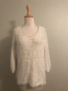 Chicos Size 2 L 12 White+Gold Eyelash 3/4 Sleeve Sweater - Picture 1 of 8