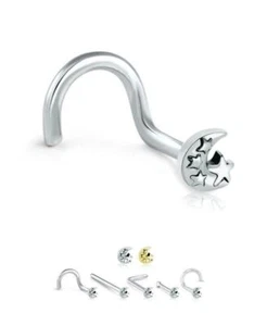 316L Surgical Steel Straight Screw LBend Nose Bone Stud Ring Moon 20 Gauge 20G - Picture 1 of 3