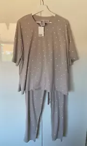 H&M Womens Natural White Polka Dot Tshirt Cuffed Trousers Pyjama Set Size XL BN - Picture 1 of 15