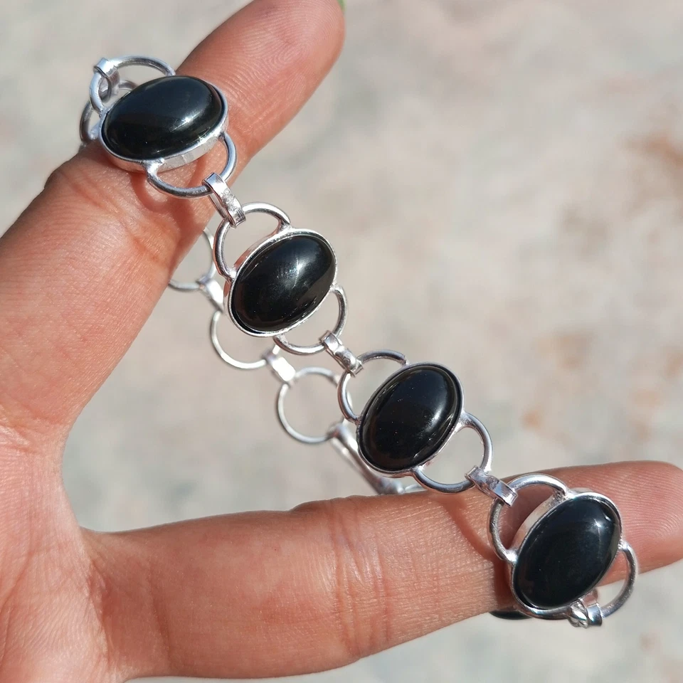 Oferta Brazalete de Moda para Mujer Piedras Preciosas de Ónix Negro Chapado en Plata de Ley 925 1 pieza Foto 1 de 2