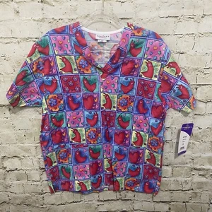 NWT Peaches Womens Small Blue Red Heart Print Valentines Day Scrub Top S29 - Picture 1 of 5