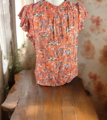 Nanette Lepore Blouse Womens Large Pink Orange Cap Sleeve Ruffle Lightweight Top - Image 1 of 4