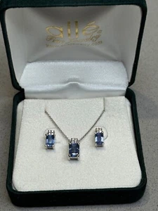 Lovely 14k white Gold Chain, Sapphire and Diamond Pendant and matching Earrings - Picture 1 of 11