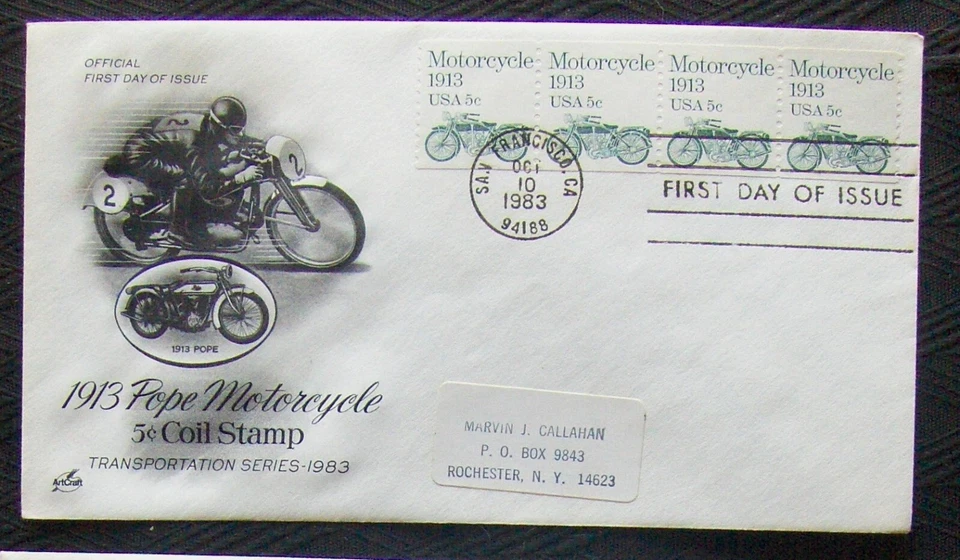 USA FDC SC #1899 1913 POPE MOTORCYCLE, 1983 coil strip of 4. - Image 1 of 1
