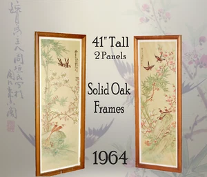 Vintage Chinese On Silk Print 41" Panels 1964 D.A.C., N.Y. Solid Oak Frames - Picture 1 of 18