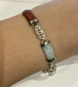 Vintage Plata de Ley 6 Lucky Deseos Celadon Verde Jadeíta Piedra Enlace Pulsera - Imagen 1 de 7