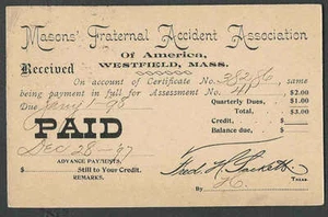 1897 PC WESTFIELD MA MASONS FRATERNAL UNFALL ASSOCIATION  - Bild 1 von 1