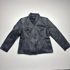 East 5th Leather Jacket Petite Large Moto Black Real Leather Zip Front Chic Edgy - Picture 1 of 8