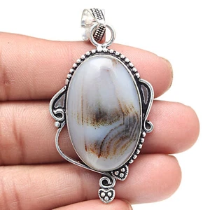Pendant Grey Botswana Agate Gemstone Handmade Antique Silver Jewelry 2.25" - Picture 1 of 7