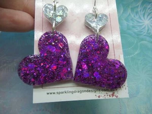 Love Heart Earrings - Statement Purple & Holo Silver - Valentines Gift Present - Foto 1 di 2