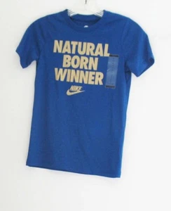 Nike Boys Natural Born Winner Short Sleeve T Shirt Gym Blue/Metallic Gold Sz S - Picture 1 of 1
