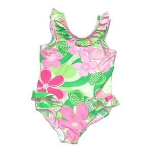 Pink Green One Piece Bathing Suit Girl's 4T Floral Ruffle Swimsuit Pool Swim - Picture 1 of 6