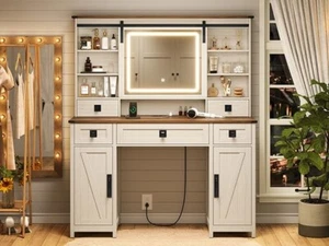 Farmhouse Vanity Desk with Mirror & Lights, Sliding Mirror, Ample Storage Space - Picture 1 of 9