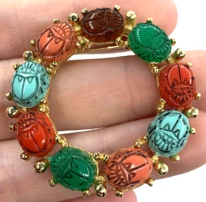 Egyptian Scarab Beetle Round Brooch Gold Tone Vintage Wreath Pin Revival  - Picture 1 of 5