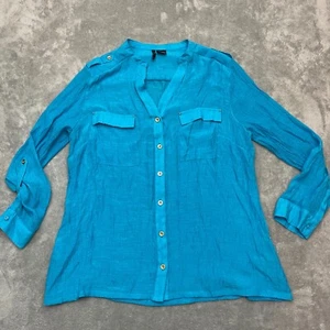 Blusa New Directions manga larga con botones manga lengüeta enrollable para mujer talla 2X azul - Imagen 1 de 6