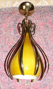 Vintage Mid Century Modern Amber Murano Glass Teardrop Pendant Light Brass Cage - Picture 1 of 14
