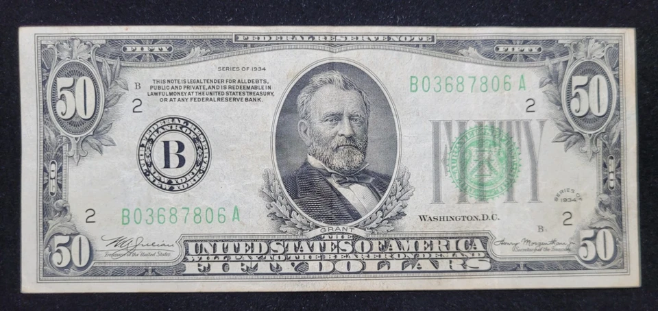 1934 $50 Federal Reserve Note VF Very Fine Green Seal FRN New York - Image 1 of 2