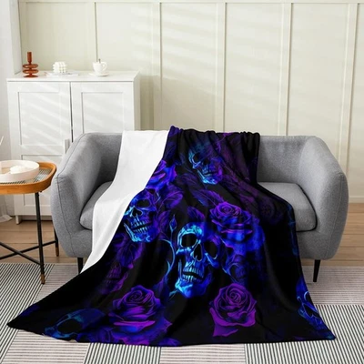 Sugar Skull Fuzzy Blanket Queen 90"x 90"紫色蓝色玫瑰沙发沙发青少年... — 第 1/4 张图片