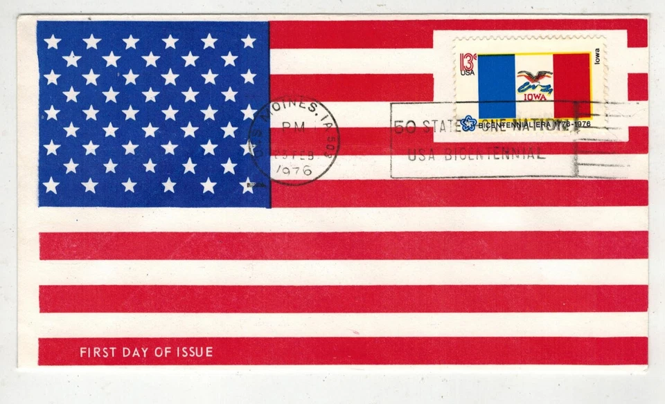 1976 USA BICENT STATEHOOD DES MOINES IOWA CITY CANCEL ALLOVER SCARCE FLAG CACHET - Image 1 of 1