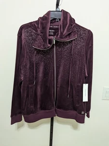 Calvin Klein Purple Velour Zip Up Jacket Women's Plus Rhinestone Embellish 1X - Picture 1 of 13
