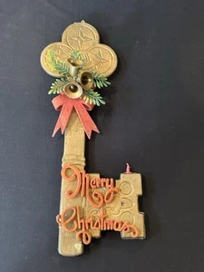 Vintage Christmas Soft Plastic Gold With Bells, Bow Flocked Merry Christmas AS - Picture 1 of 8