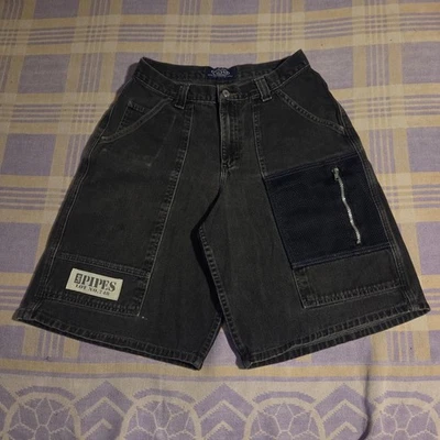 Vintage Lee pipes Black Denim shorts 30" Baggy Mega Wide Leg 90s Y2K Grail Jnco - Image 1 of 4