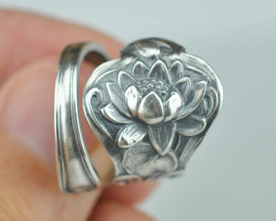 Solid 925 Sterling Silver  Lotus Flower Floral Adjustable Spoon Ring - Image 1 of 4