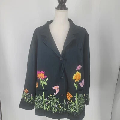The Quacker Factory Black Embroidered  Flower Butterfly Blazer Jacket 1X - Image 1 of 4