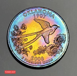 2008-P NEAR UNC MONSTER TONED STATE QUARTER OKLAHOMA SPLENDIDI TONI DI COLORE637 - Foto 1 di 2