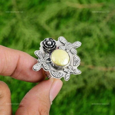 Regalo Para Ella Natural Biwa Perla Promesa Flor Anillo Ajustable Plata 925 Foto 1 de 3