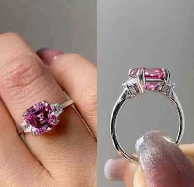 Anillo de compromiso de diamantes con zafiro rosa natural de 2,50 quilates Ascher de plata de ley 925 Foto 1 de 4