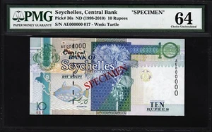 SEYCHELLES 10 RUPEES 1998, SPECIMEN, PMG 64 CHOICE UNC, P-36s, AE 000000 - Picture 1 of 4
