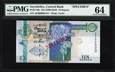 SEYCHELLES 10 RUPEES 1998, SPECIMEN, PMG 64 CHOICE UNC, P-36s, AE 000000 - Image 1 of 4