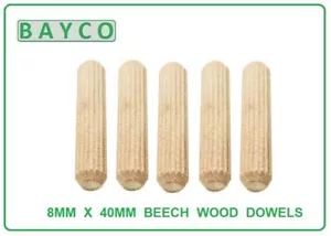 8mm x 40mm HARDWOOD WOODEN DOWELS CHAMFERED FLUTED PIN WOOD BEECH DOWEL GROOVED - Picture 1 of 2