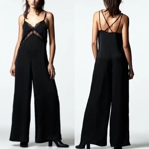 Zara Satin Effect Wide Leg Jumpsuit Lingerie Style Strappy Lace Trim Sz M - Picture 1 of 13