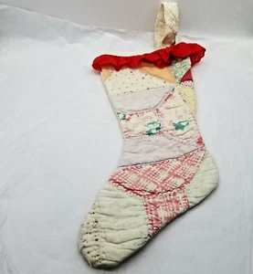Christmas Stocking Handmade Primitive Quilt Farmhouse 17.5” Large Vintage - Bild 1 von 11