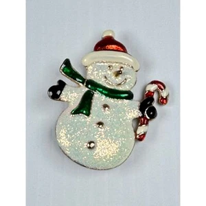 Vintage SFJ White Enamel Christmas Snowman holding a Candy Cane Brooch Pin  - Picture 1 of 2