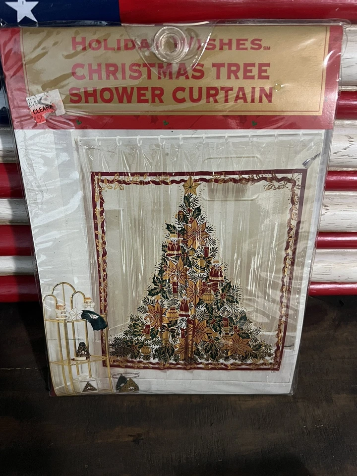 Vintage Christmas Tree Shower Curtain Poinsettias Candles Ornaments Angels Gold/ - Image 1 of 3
