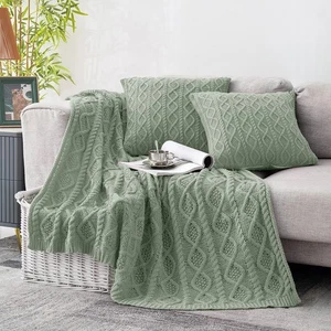 Cable Knit Throw Blanket and Pillow Set, Sage Green Set of 3, Knitted Throw (... - Foto 1 di 8