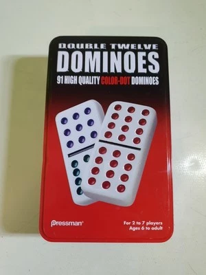 Pressman Double 12 Color Dot Dominos in A Tin (5" Dominoes) 1 Domino Missing10/7 - Image 1 of 4