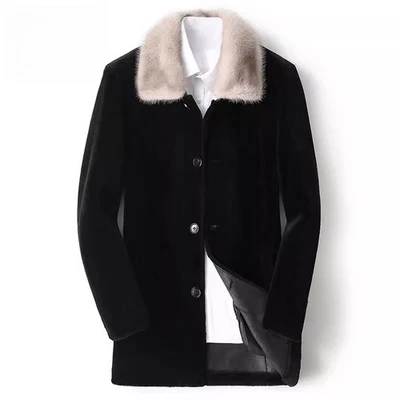 Mens Lamb Wool Fur Jacket Long Leather Jacket Mink Fur Lapel Collar Winter Coat - Image 1 of 4