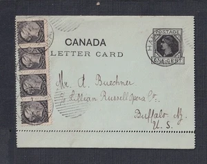 CANADA 1896 1/2c SMALL QUEEN STRIP OF FOUR ON PS LETTER CARD HAMILTON TO NY USA - Picture 1 of 2